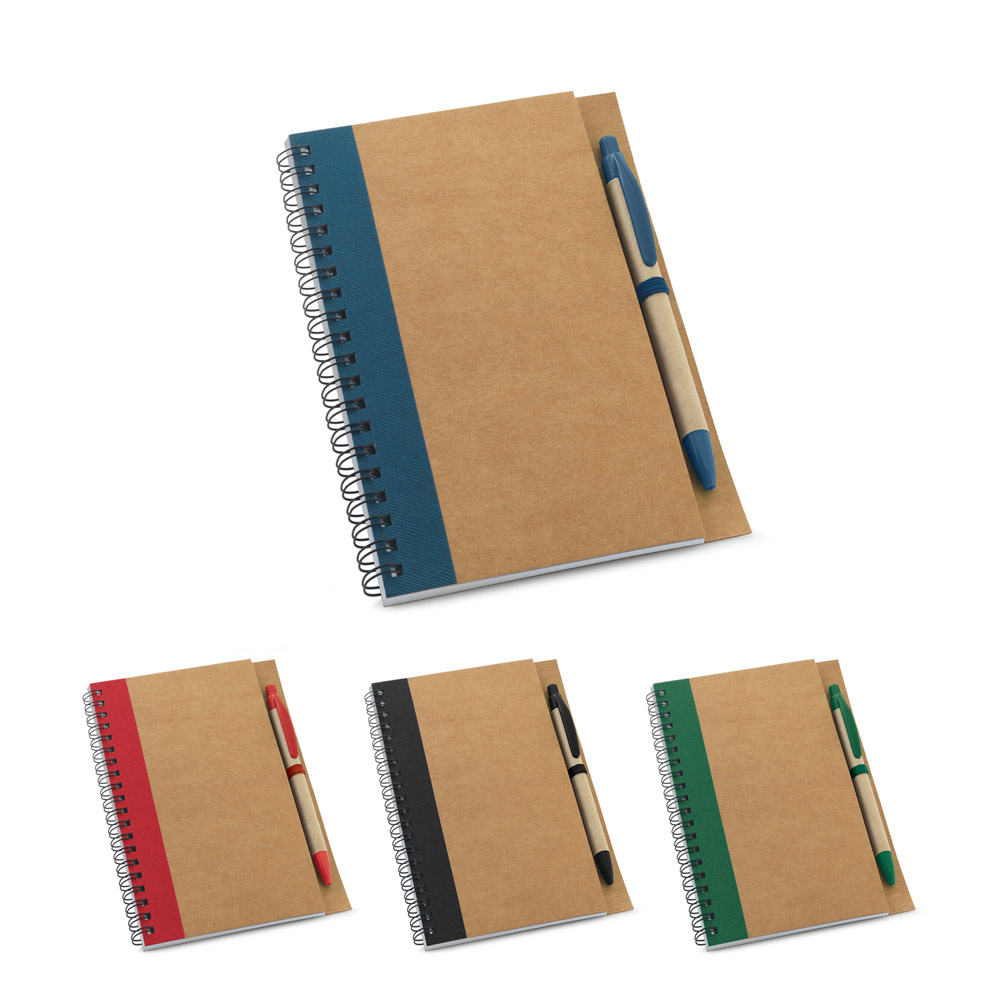 Caderno B6 espiral de capa dura em cartão, com páginas lisas recicladas