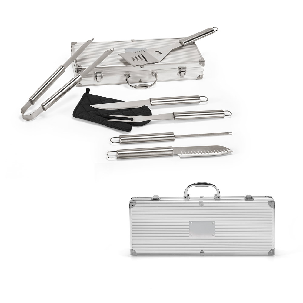 Kit churrasco em estojo de alumínio com luva de cozinha em poliéster e 6 utensílios em aço inox
