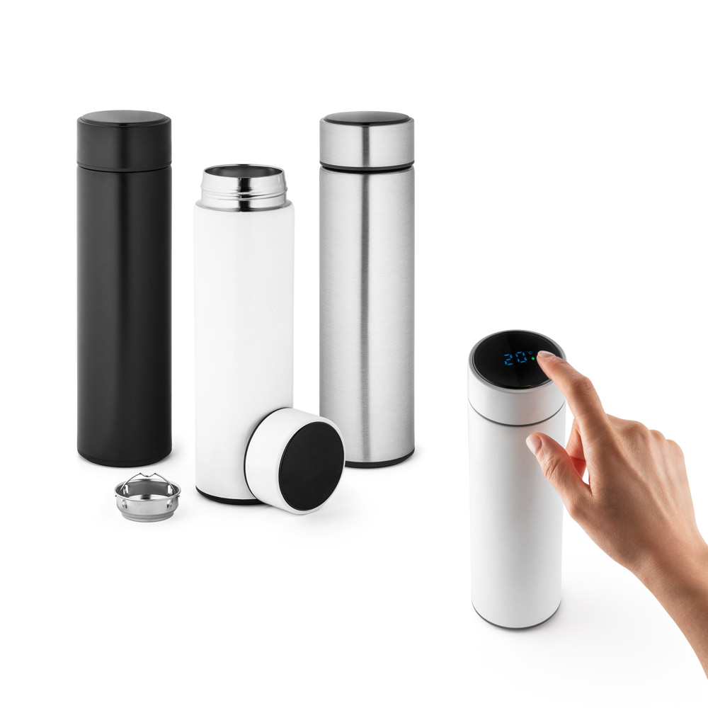 Garrafa térmica em aço inox de parede dupla isolada a vácuo, com termômetro digital (450 mL)