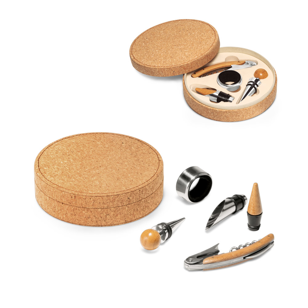 Conjunto para vinho com 4 peças em bambu, inox e ABS