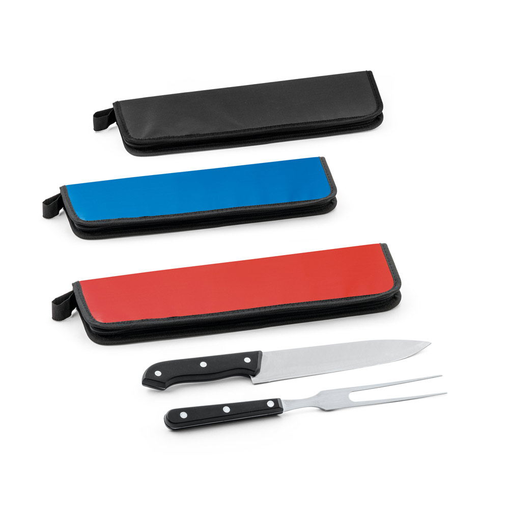 Kit churrasco em estojo de 210D com 2 utensílios em aço inox e PP