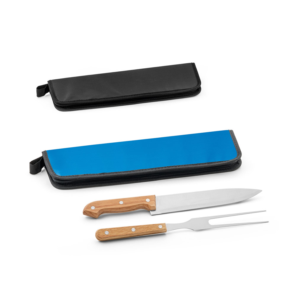 Kit churrasco em estojo de 210D com 2 utensílios em aço inox e madeira Seringueira
