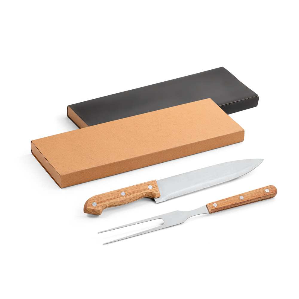 Kit churrasco em caixa kraft com 2 utensílios em aço inox e bambu