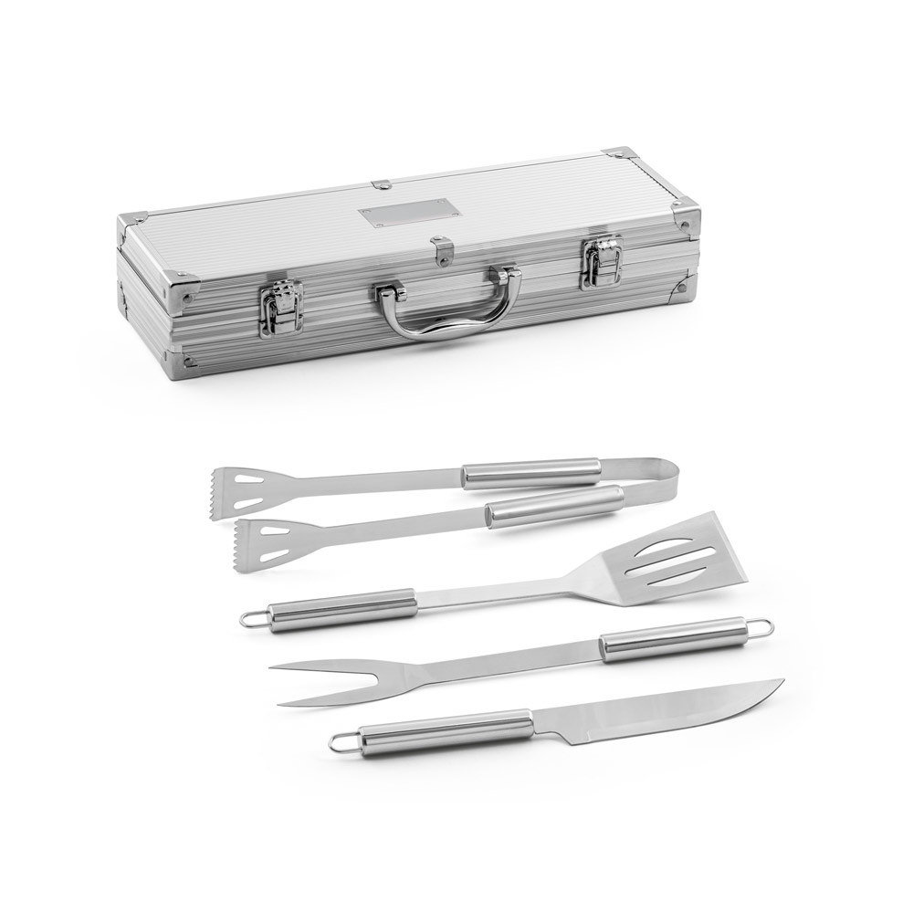 Kit churrasco em estojo de alumínio com 4 utensílios em aço inox