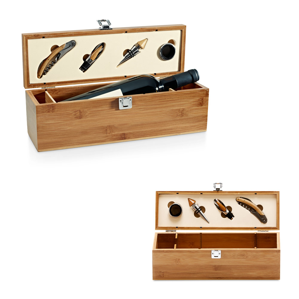 Conjunto para vinho em bambu, inox e ABS