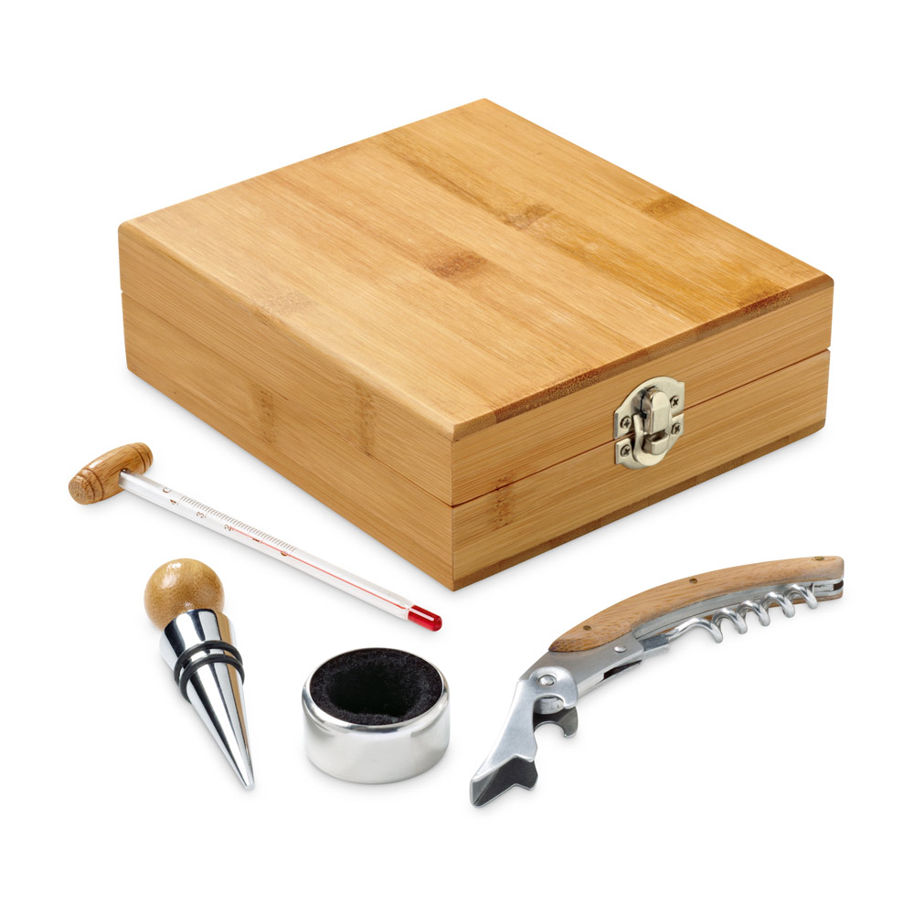 Conjunto para vinho em bambu, inox, vidro e ABS