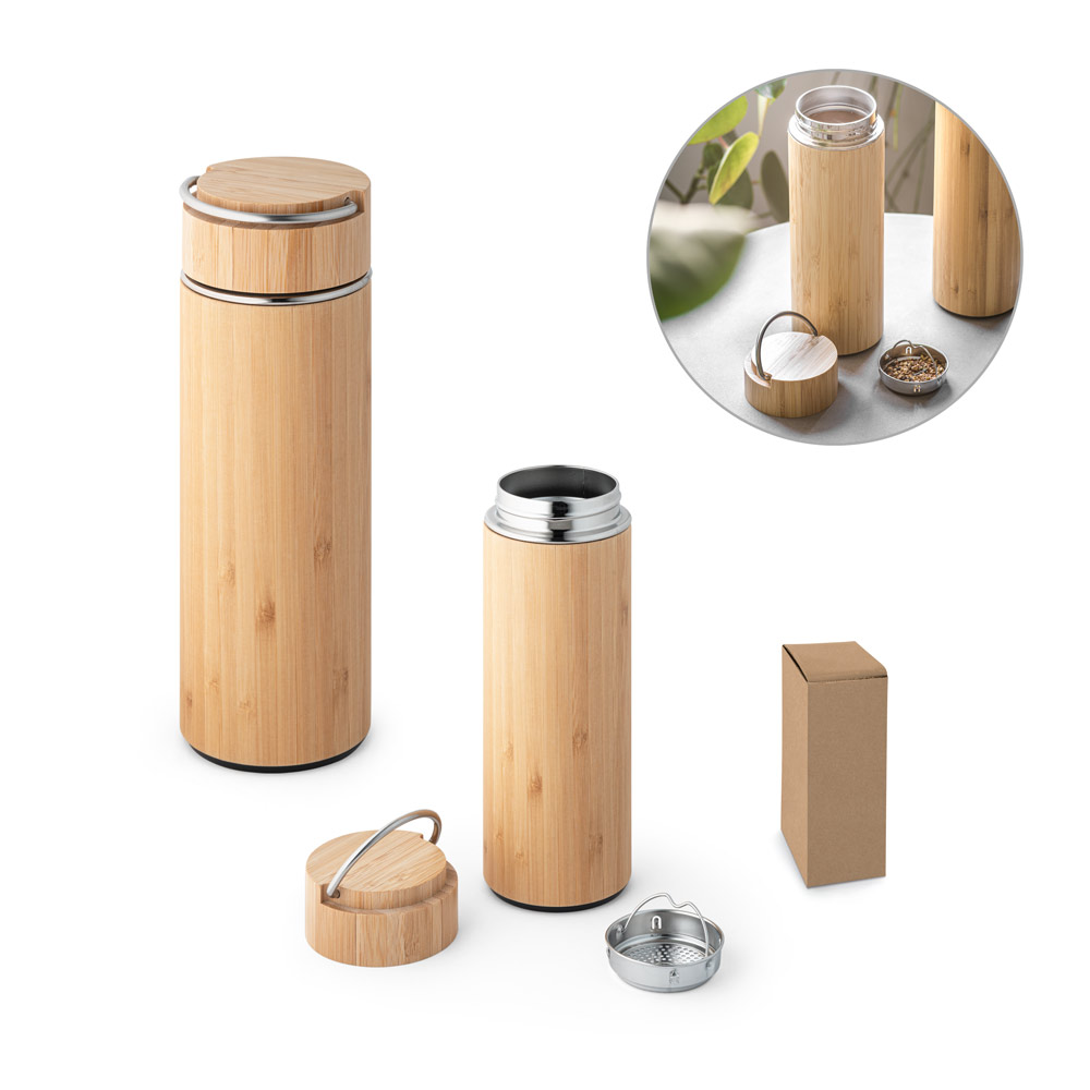Garrafa térmica em aço inox e bambu, de parede dupla isolada a vácuo (440 mL)