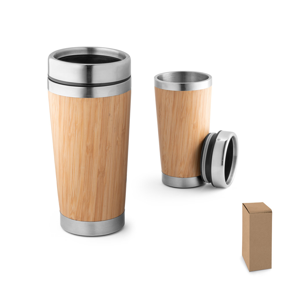 Copo de viagem térmico em aço inox e bambu, de parede dupla isolada a ar (500 mL)