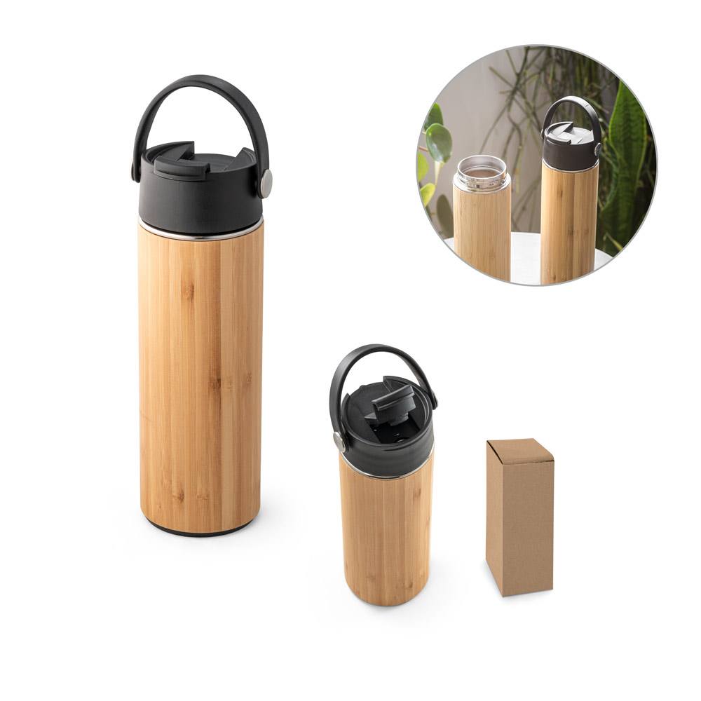 Garrafa térmica em aço inox e bambu, de parede dupla isolada a vácuo (440 mL)