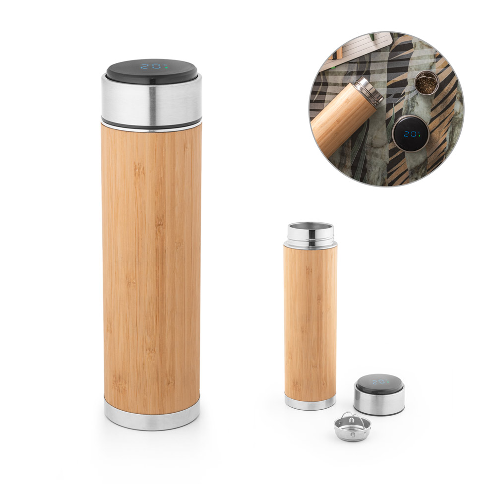 Garrafa térmica em aço inox e bambu, de parede dupla isolada a vácuo, com termómetro digital (430 mL)