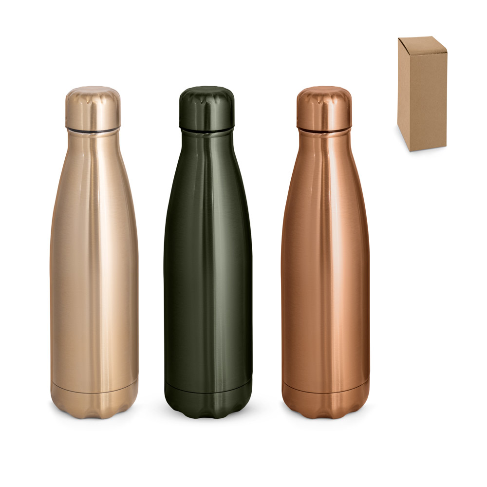 Garrafa térmica em aço inox de parede dupla isolada a vácuo, com acabamento metalizado (510 mL)