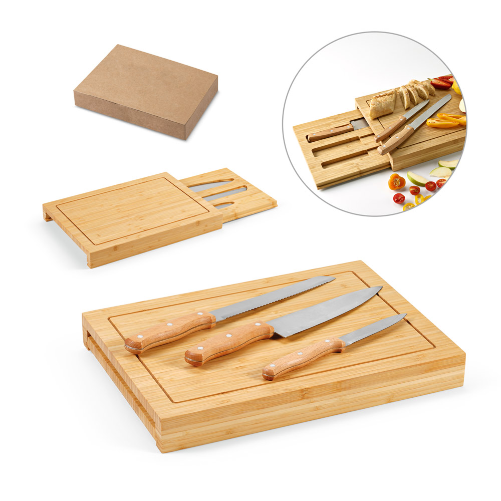 Conjunto de tábuas em bambu com 3 facas inclusas