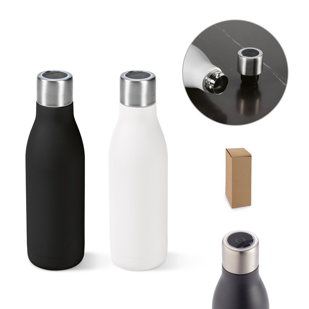 Garrafa térmica em aço inox 90% reciclado de parede dupla com sistema de auto-sanitização UV (500 mL)