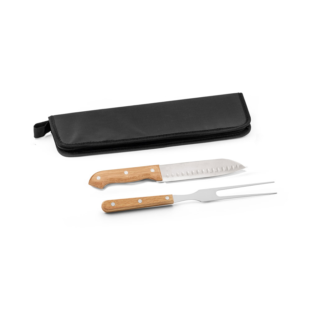 Kit churrasco com estojo em 210D com 2 utensílios em aço inox e cabos em madeira