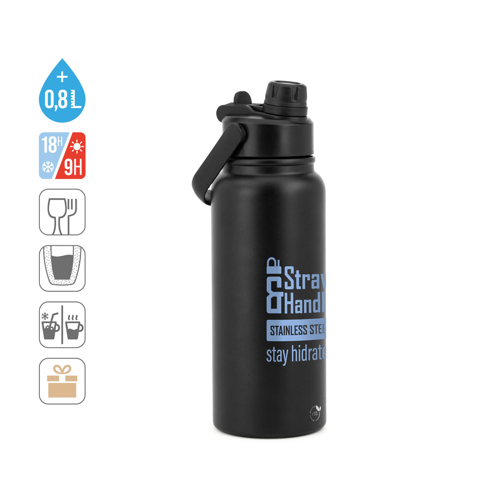 Garrafa em aço inox 90% reciclado, com parede dupla isolada a vácuo (830 mL)