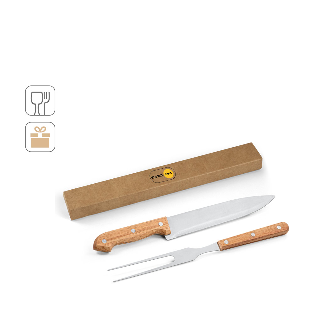 Kit churrasco em caixa presente de papel kraft reciclado com 2 utensílios em aço inox e bambu