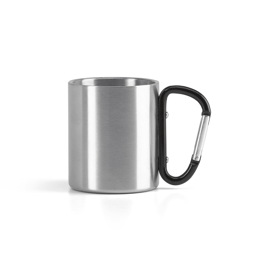 Caneca em aço inox, com pega em forma e função de mosquetão (230 mL)