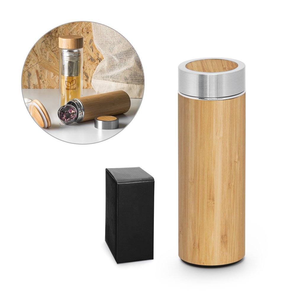 Garrafa térmica em aço inox 90% reciclado e bambu, de parede dupla isolada a vácuo (430 mL)