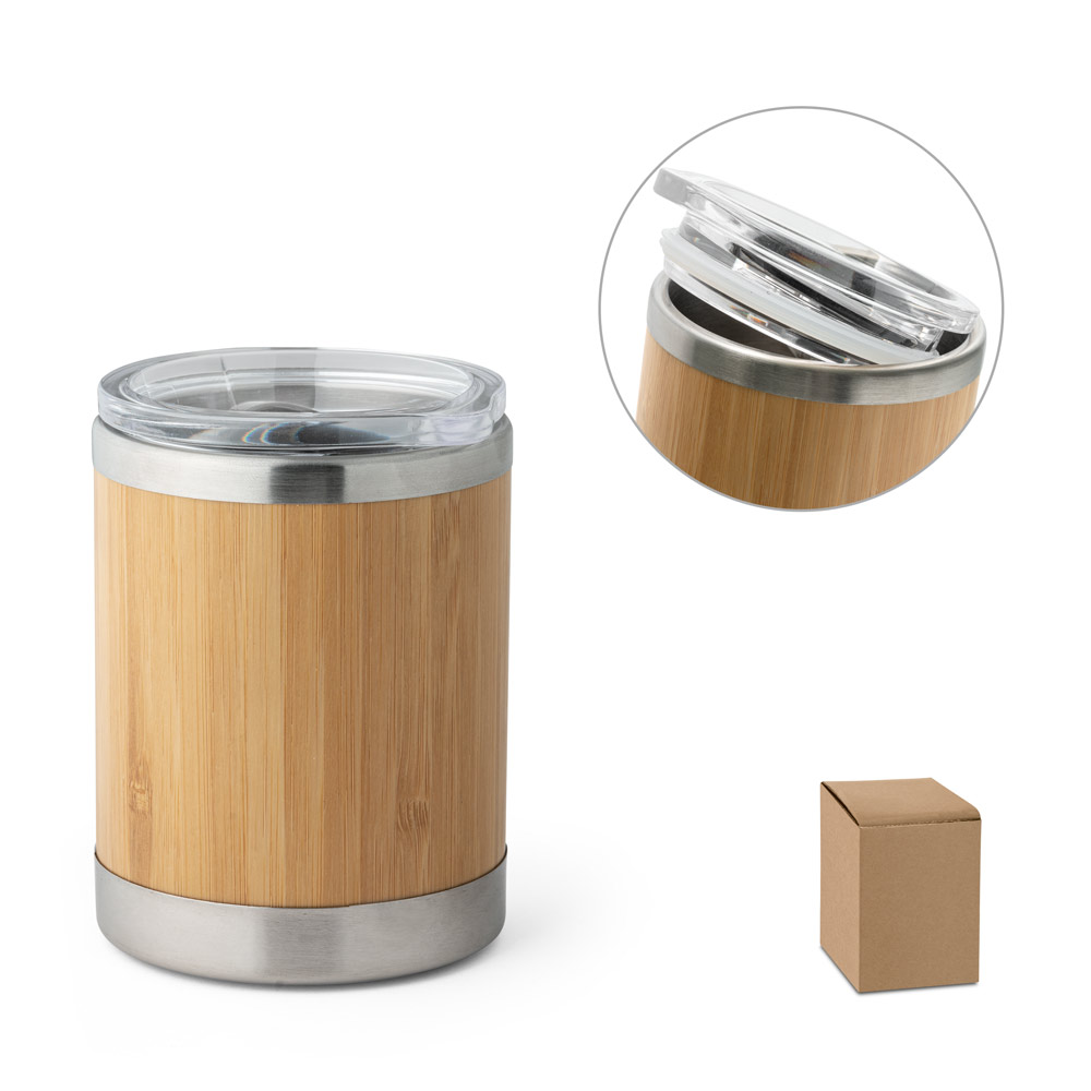 Copo de viagem térmico em aço inox e bambu, de parede dupla isolada a ar e fecho deslizante (350 mL)