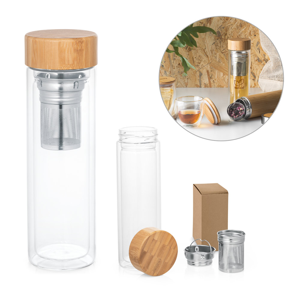 Garrafa térmica em vidro borossilicato de parede dupla isolada a ar, com 2 infusores (490 mL)