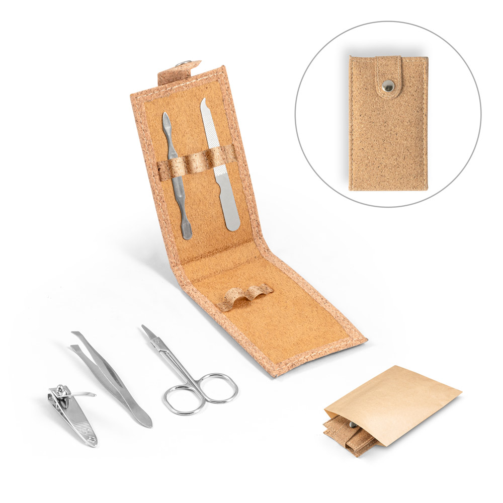 Conjunto de manicure em cortiça com peças em aço inox