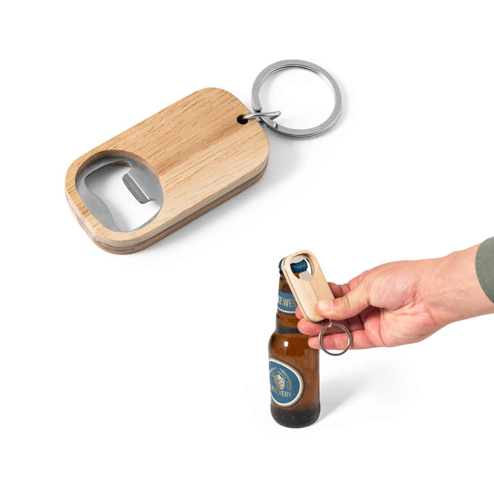 Chaveiro em aço inox e bambu com abridor de garrafas