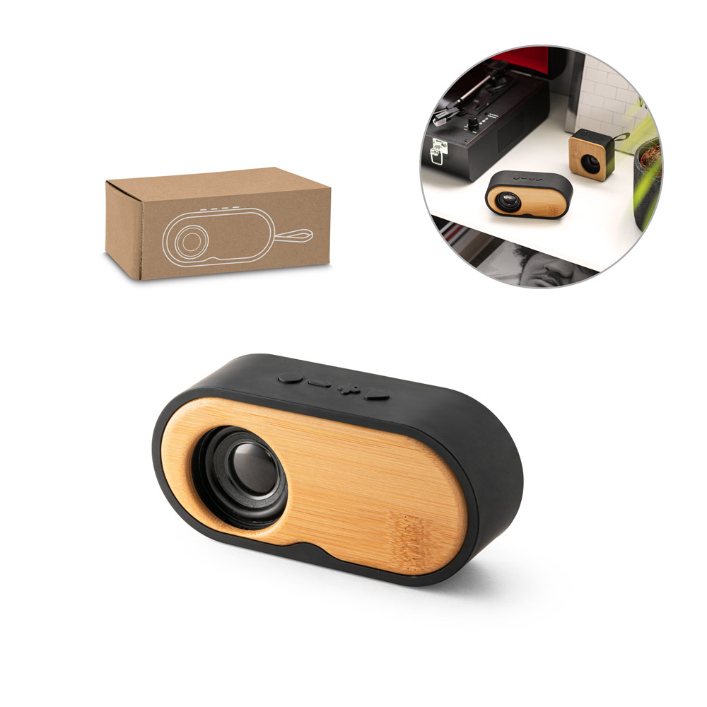 Caixa de som portátil com autonomia de 5h (1'200 mAh), em bambu e ABS 100% reciclado
