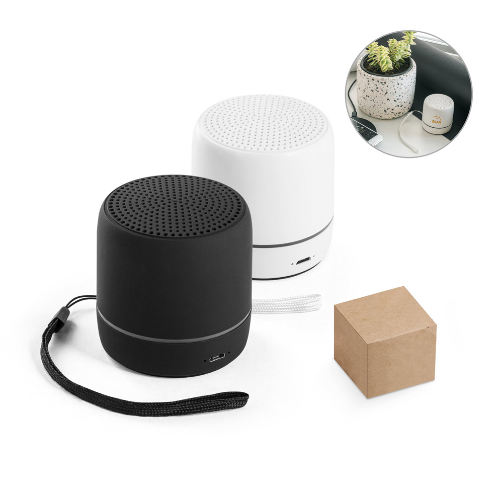 Caixa de som portátil com faixa LED exterio e autonomia de 4h, em ABS 100% reciclado