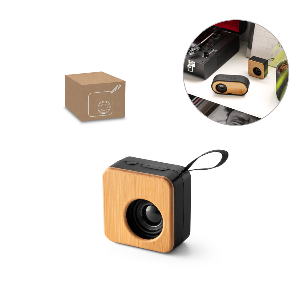 Caixa de som portátil com autonomia de 4h (500 mAh), em bambu e ABS 100% reciclado
