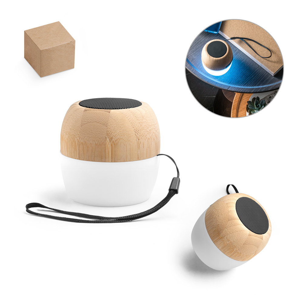 Caixa de som portátil com microfone e autonomia de 2h (300 mAh), em bambu e PP