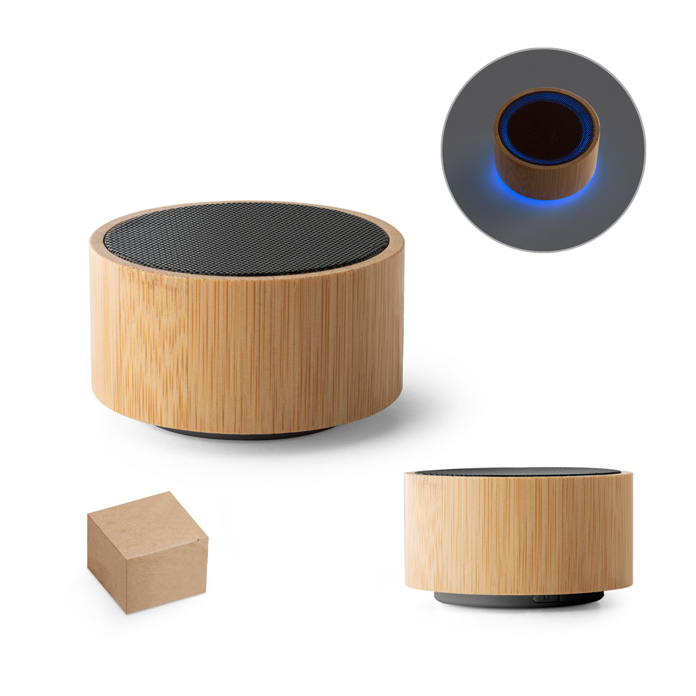 Caixa de som portátil com microfone e autonomia de 2h (300 mAh), em bambu e ABS