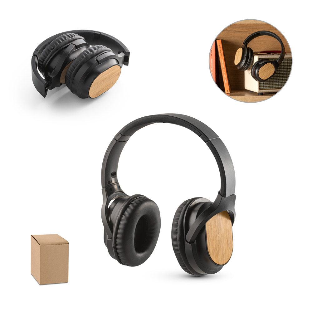 Fone de ouvido wireless com autonomia de 5h (400 mAh), em bambu e ABS