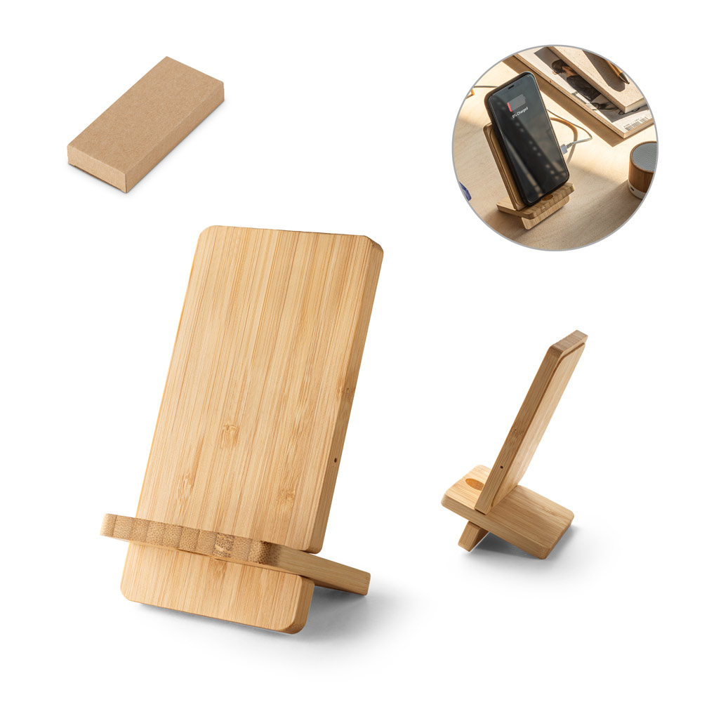 Carregador por indução super-rápido e suporte em bambu para smartphone (15 W)