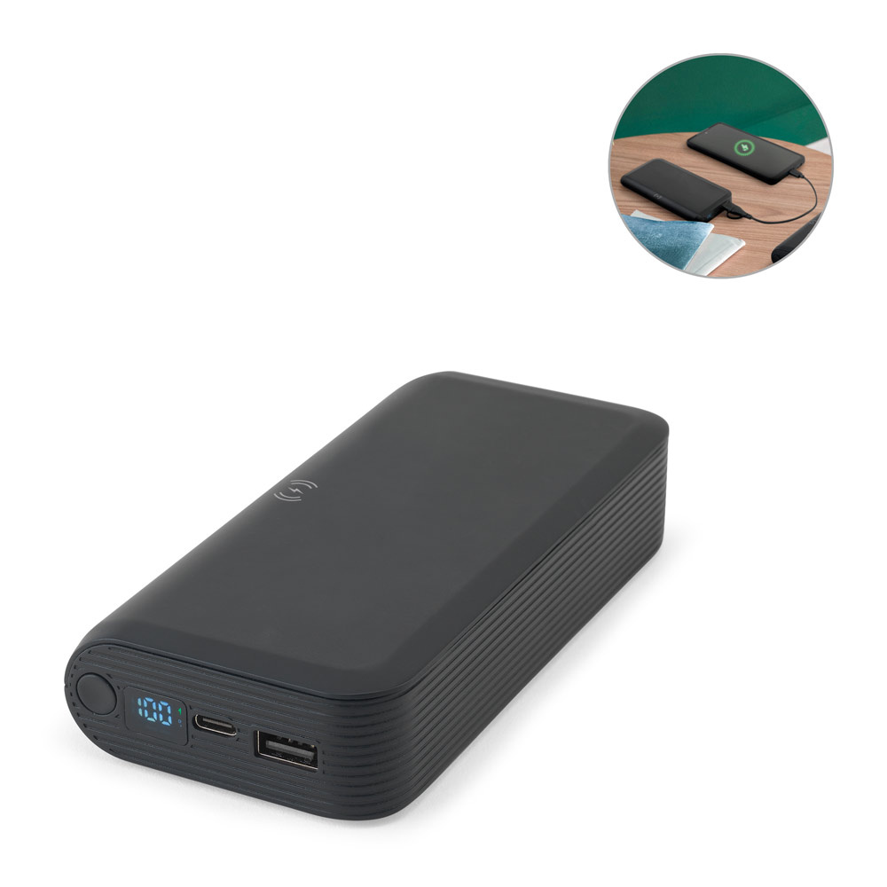 Bateria portátil com carregador por indução super-rápido (20'000 mAh), em ABS 100% reciclado