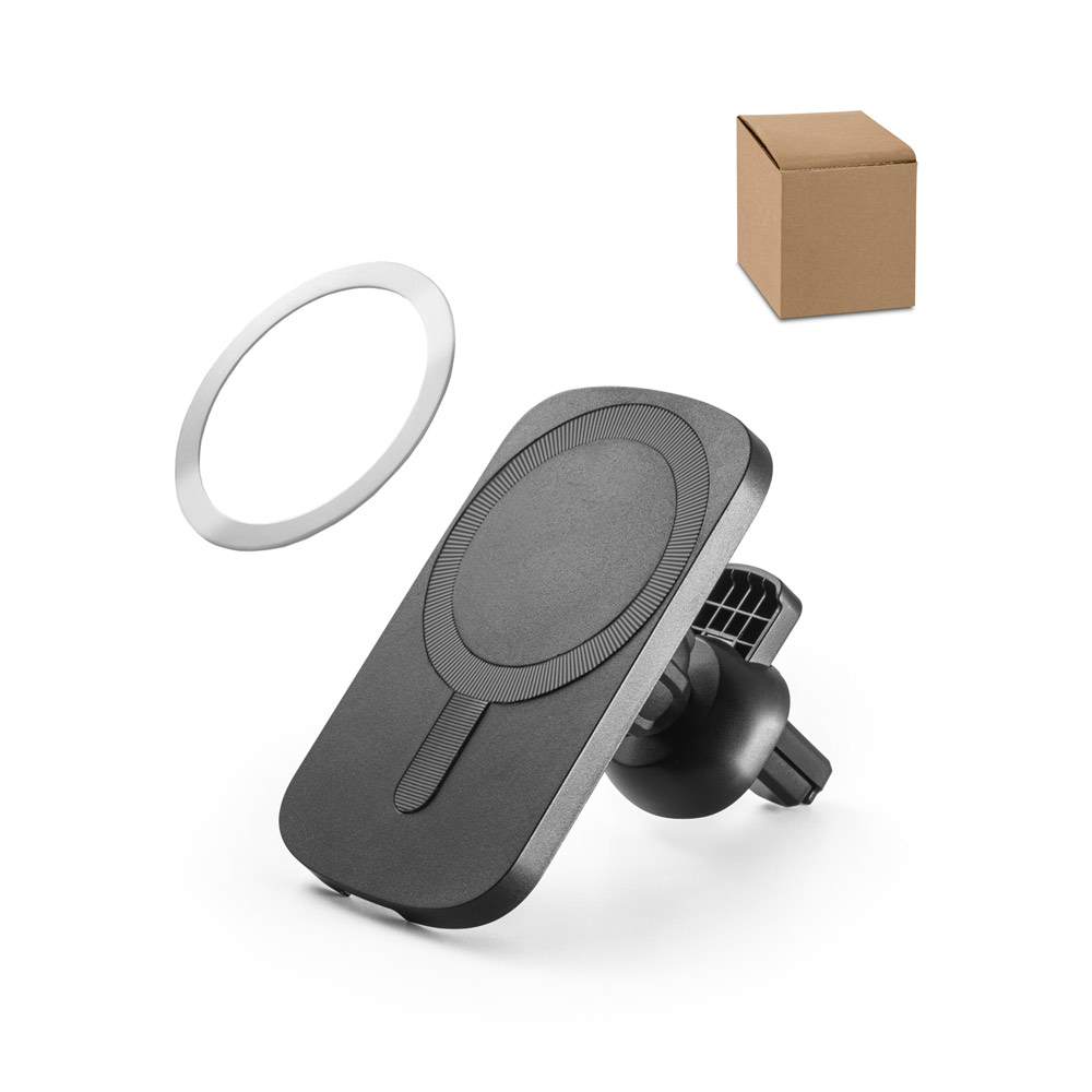 Carregador magnético por indução super-rápido (wireless) com a funcionalidade de suporte para carro, em ABS 60% reciclado e silicone
