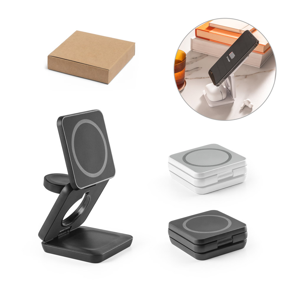 Carregador magnético por indução super-rápido (wireless), dobrável, que permite carregar três dispositivos simultaneamente, em ABS 100% reciclado