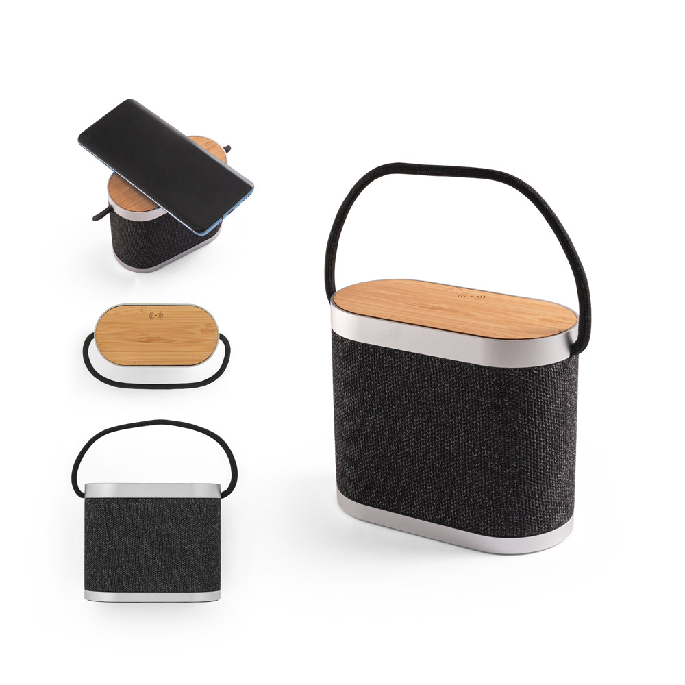 Caixa de som de 5W com carregador por indução super-rápido e autonomia de 2h (1'200 mAh), em bambu e PET 100% reciclado