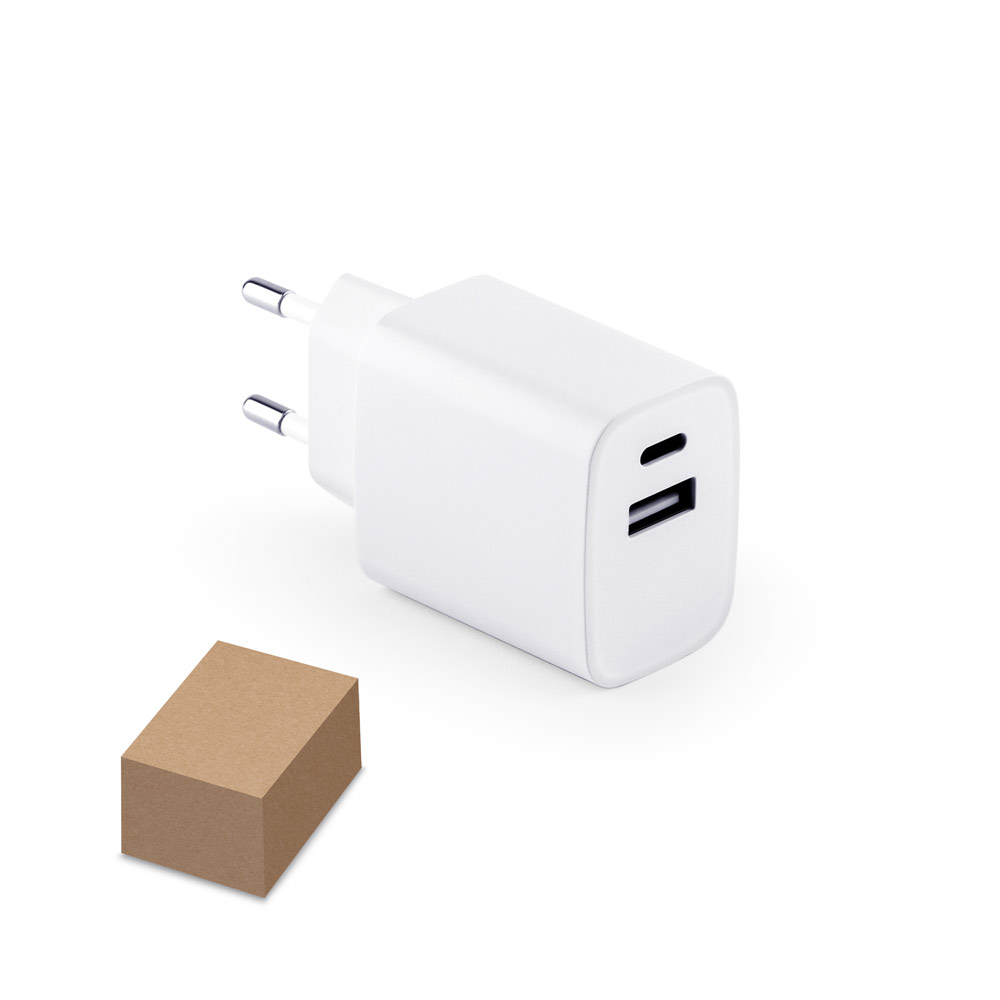 Adaptador de corrente com porta USB-A 18W e USB-C 20W em ABS 100% reciclado