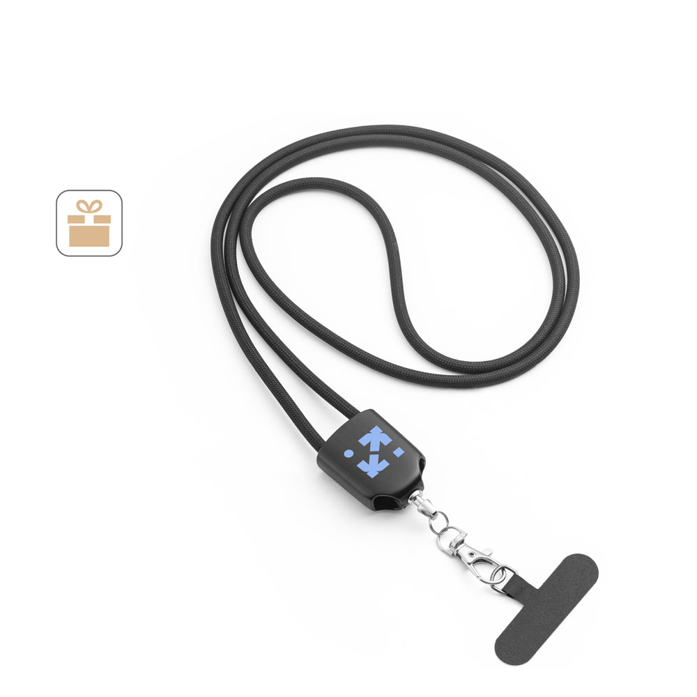 Cordão lanyard com suporte para celular incluso, cabo USB-C e diversos adaptadores em ABS reciclado e TPE reciclado