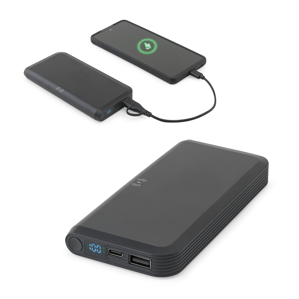Bateria portátil com carregador por indução super-rápido (10'000 mAh), em ABS 100% reciclado