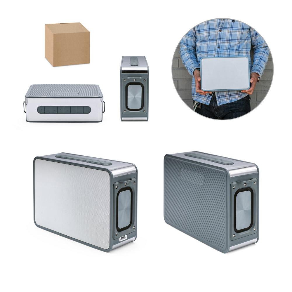 Caixa de som com microfone e autonomia de 7h (5'200 mAh), em ABS 100% reciclado