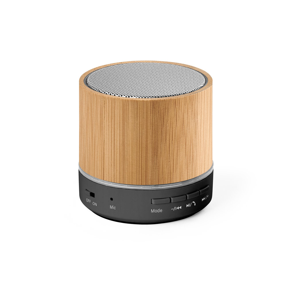 Caixa de som portátil com microfone e autonomia de 4h30 (400 mAH), em bambu e ABS 100% reciclado