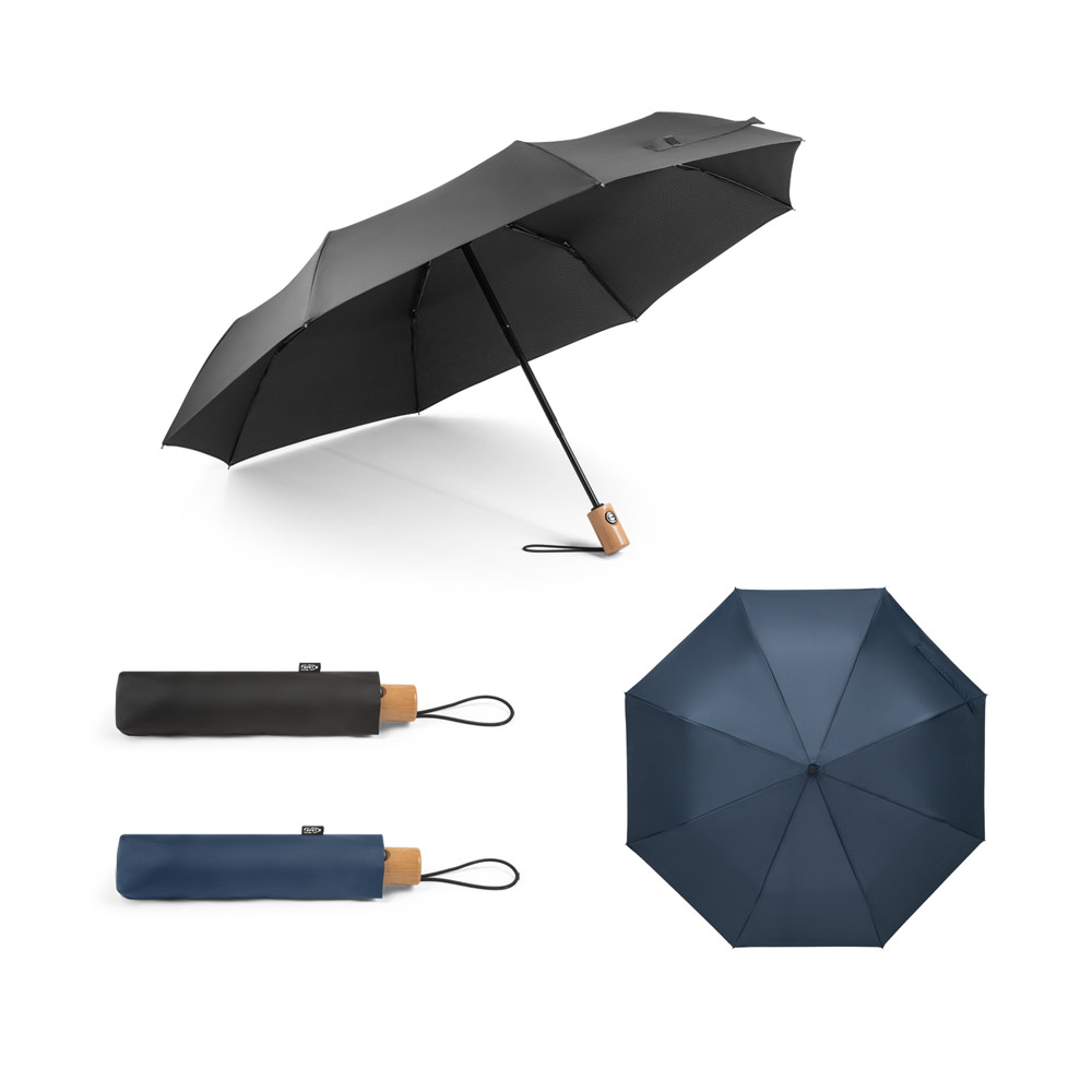 Guarda-chuva, dobrável, em poliéster 100% reciclado pongee 190T com abertura e fecho automático