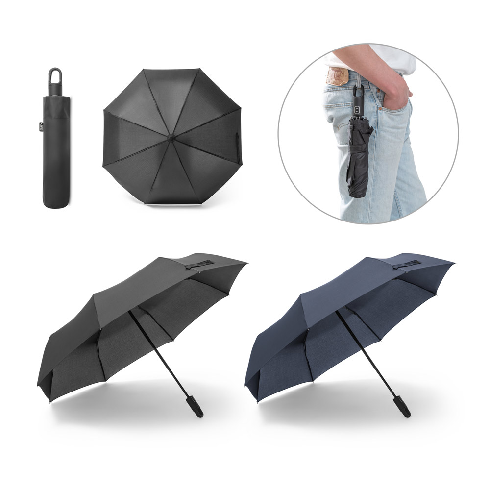 Guarda-chuva, dobrável, em poliéster 100% reciclado pongee 190T com abertura e fecho automático